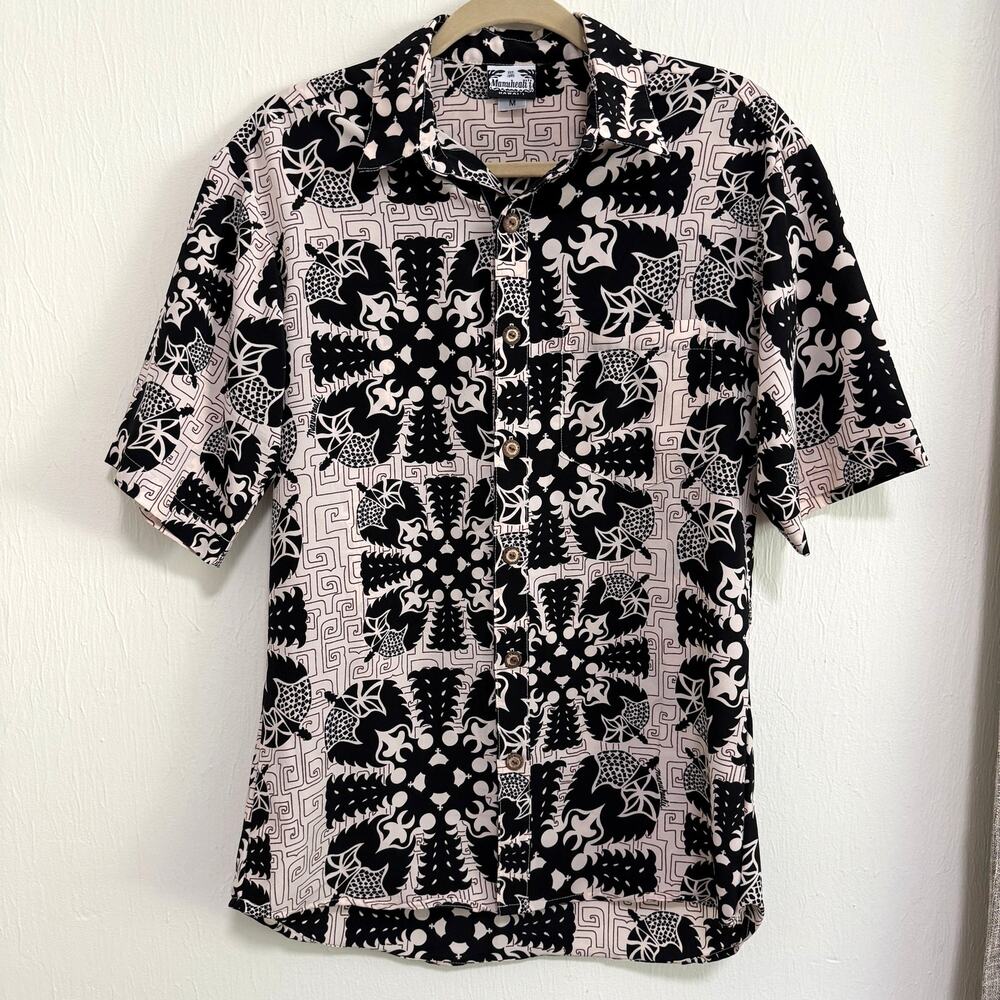 Manuhealii Mens Hawaiian Aloha Button Up Shirt M Black Cream Quilt Pattern